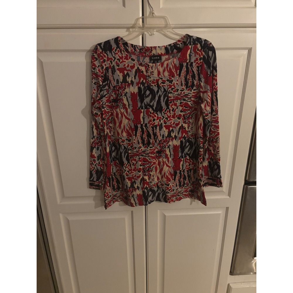 Links Women Red Black Abstract Animal Print Long Sleeve Top Size S Style 4133